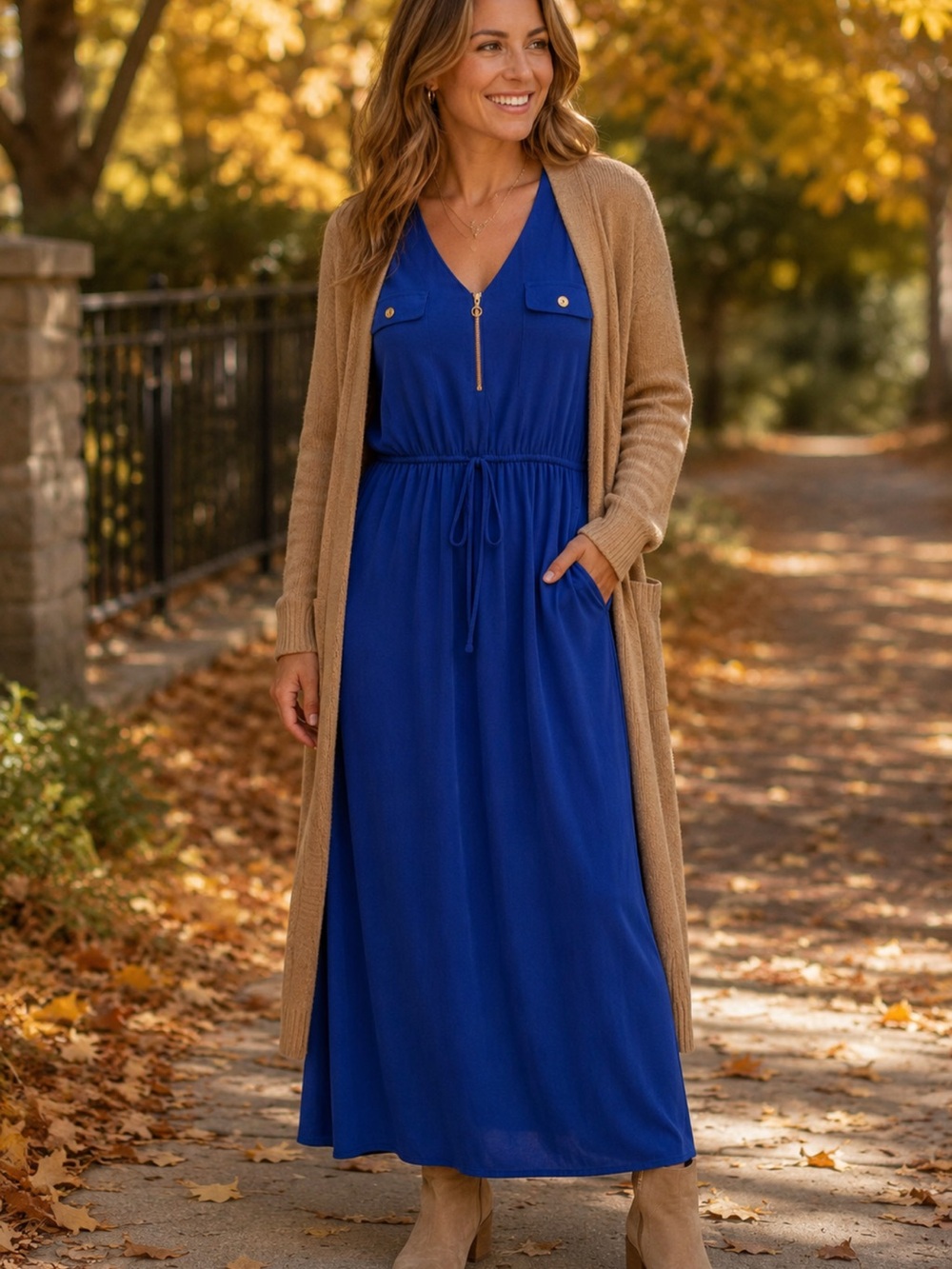 Emma & Michele Cobalt V-Neck Zip-Front Maxi Dress